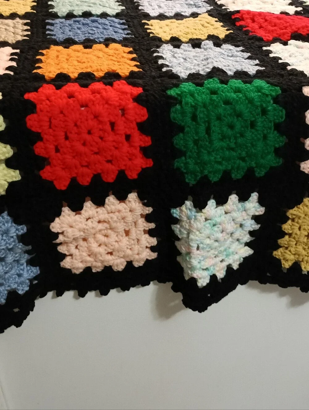Like New Vintage Handmade Black Multicolor Granny Square Crotchet Afghan